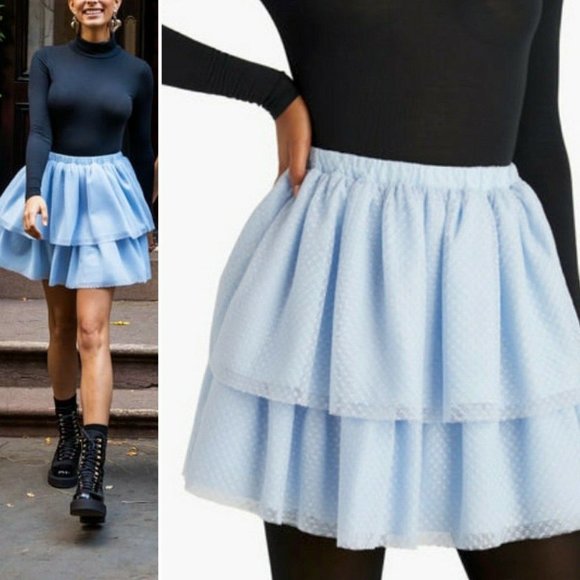 NWT HILL HOUSE HOME Clara Tulle Tiered Mini Skirt sz M Blue Elastic Waist Lined - Picture 1 of 11